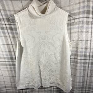 Chicos women sweater 2 L turtleneck white floral knit sleeveless chic preppy